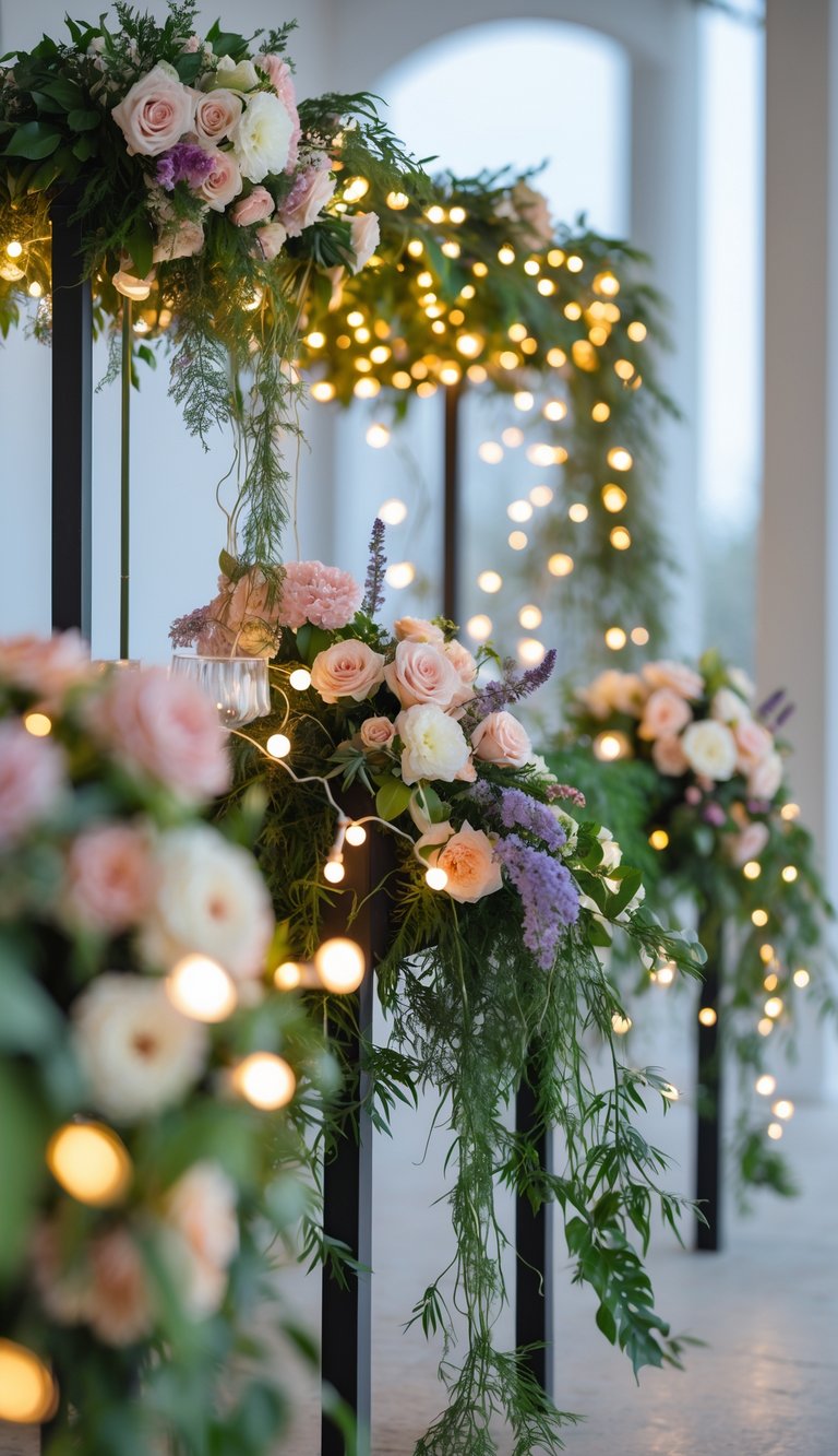 A wedding entry table decorated with floral garlands and string lights, featuring pastel flowers and greenery.